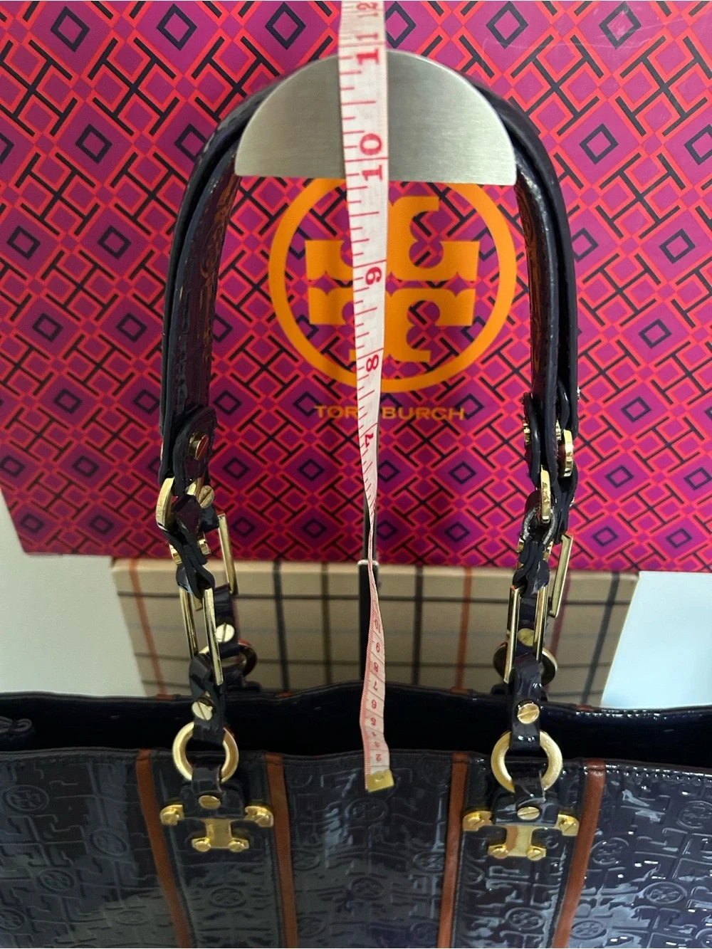 💜Tory Burch💛Purple~Plum embossed Logo Patent Leather Tote w/Tan Trim & Goldtone
